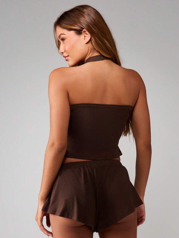 Missguided MISSGUIDED Halter Top With Mini Ruffle Shorts Set