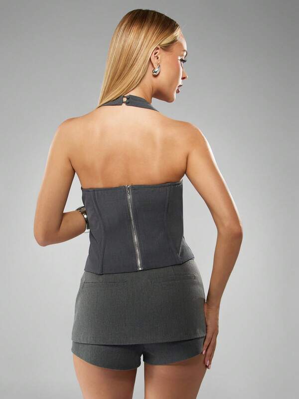 Missguided MISSGUIDED Halterneck Corset Top With Deep V-Neck