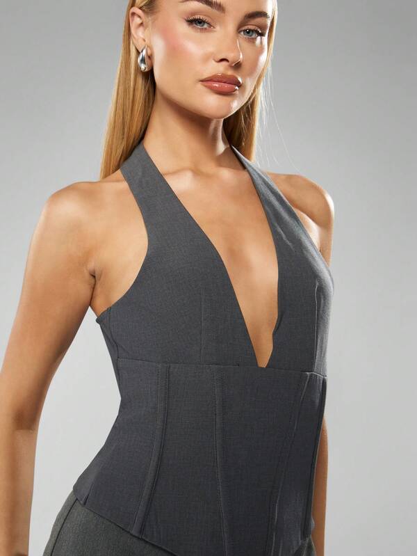 Missguided MISSGUIDED Halterneck Corset Top With Deep V-Neck