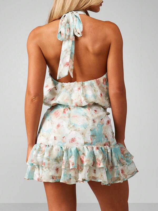Missguided MISSGUIDED Halterneck Floral Chiffon Mini Dress With Ruffles