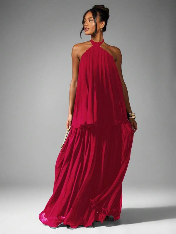 missguided MISSGUIDED Halterneck Layered Chiffon Maxi Dress With Pleated Details