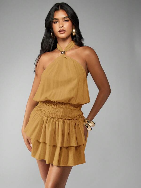 Missguided MISSGUIDED Halterneck Mini Dress With Ruffle Layers Embellished Neckline