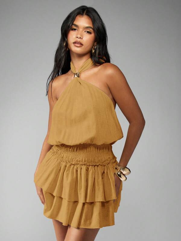 missguided MISSGUIDED Halterneck Mini Dress With Ruffle Layers Embellished Neckline