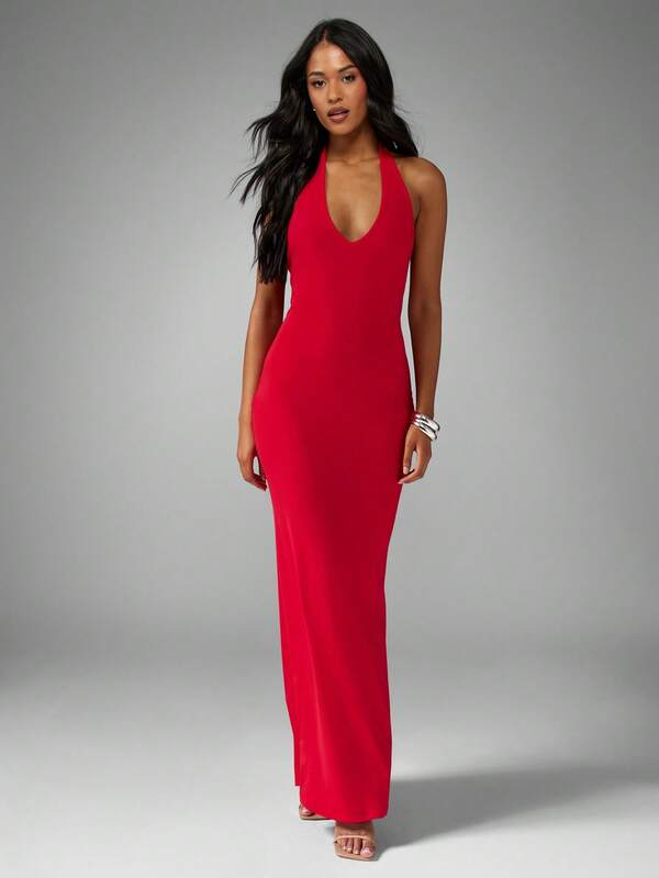 Missguided MISSGUIDED Halterneck Plunge Slinky Fitted Stretch Maxi Dress