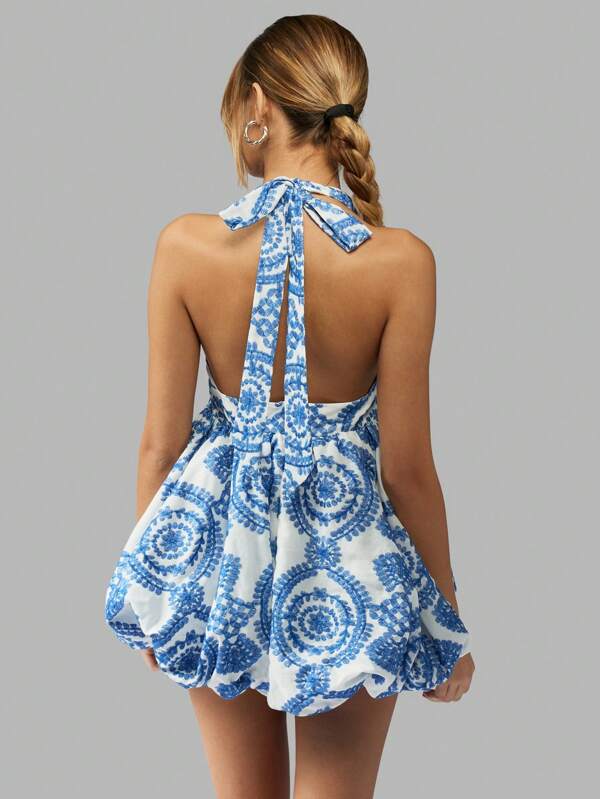 Missguided MISSGUIDED Halterneck Plunging Neckline Puff Ball Flare Gathered Pattern Mini Dresses