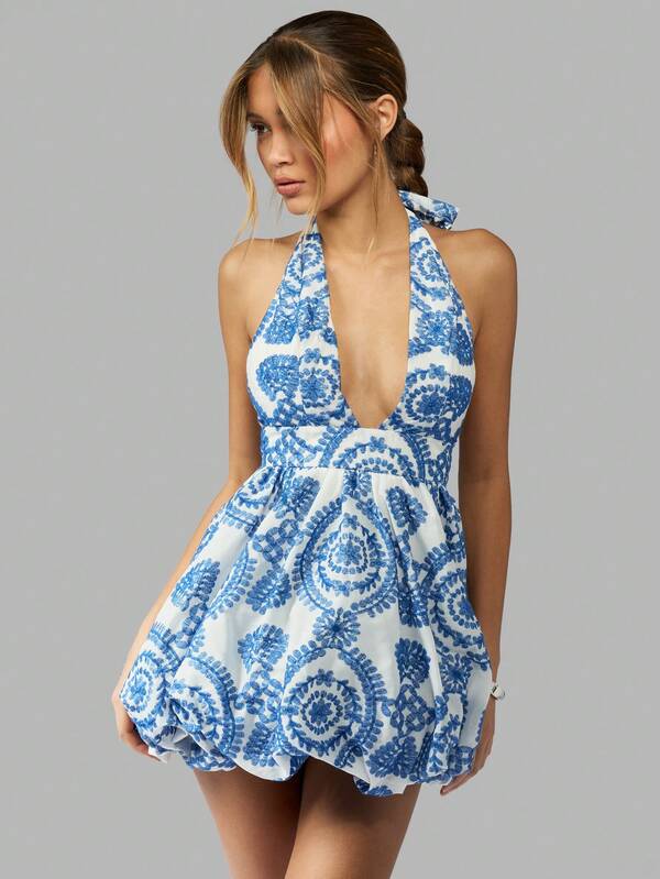Missguided MISSGUIDED Halterneck Plunging Neckline Puff Ball Flare Gathered Pattern Mini Dresses