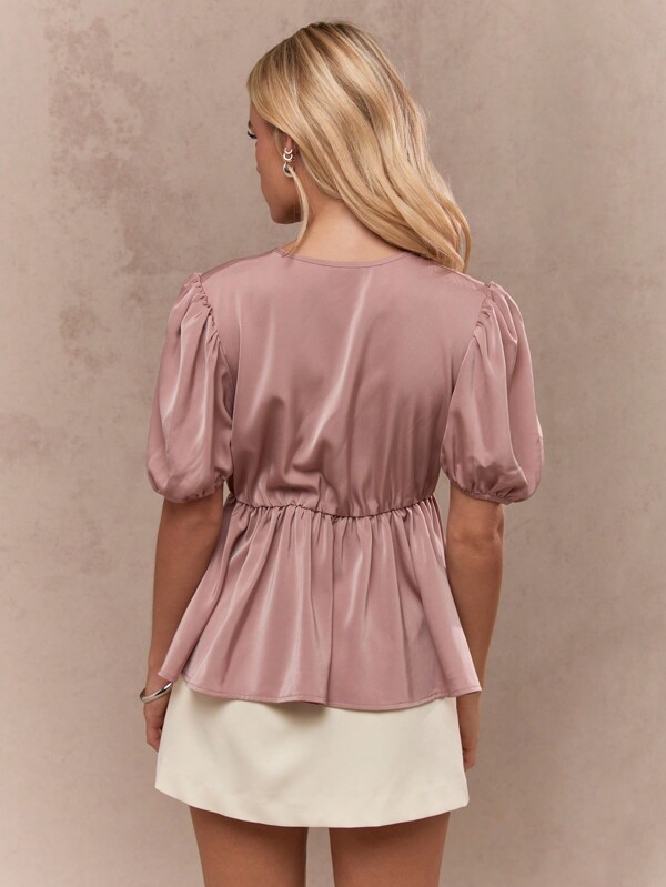Missguided MISSGUIDED Hammered Satin Short Balloon Sleeves Peplum Top