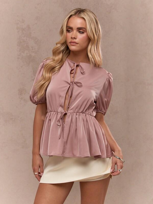 missguided MISSGUIDED Hammered Satin Short Balloon Sleeves Peplum Top