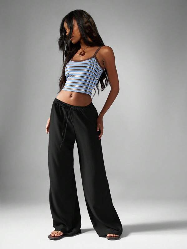 Missguided MISSGUIDED Hammered Satin Wide Leg Pants With Drawstring Waist