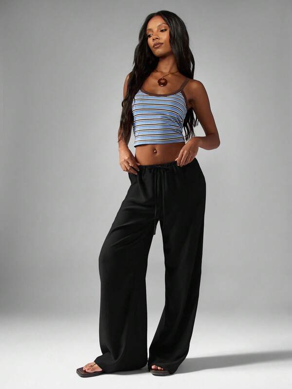 Missguided MISSGUIDED Hammered Satin Wide Leg Pants With Drawstring Waist