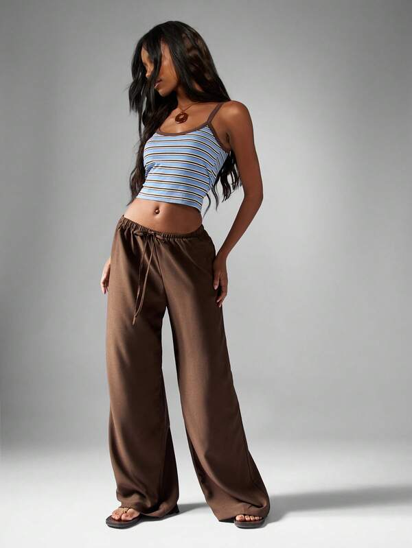 Missguided MISSGUIDED Hammered Satin Wide Leg Pants With Drawstring Waist