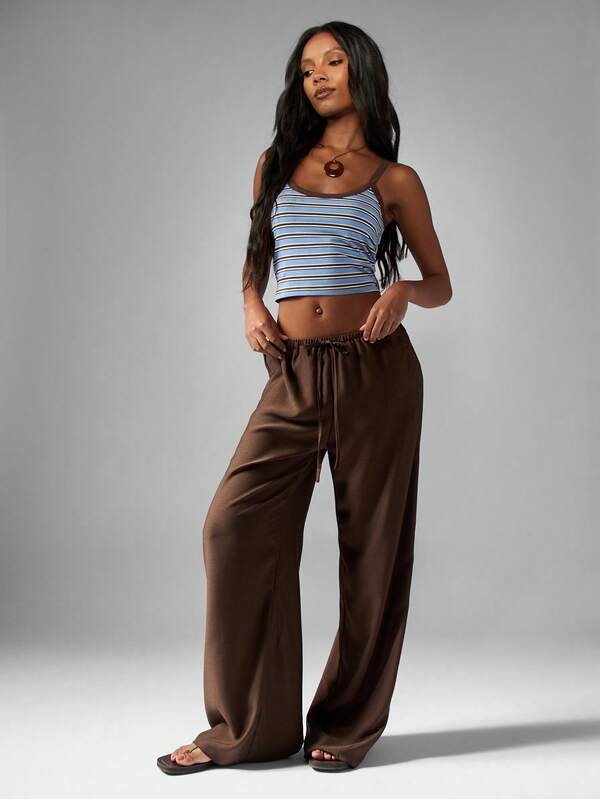 Missguided MISSGUIDED Hammered Satin Wide Leg Pants With Drawstring Waist