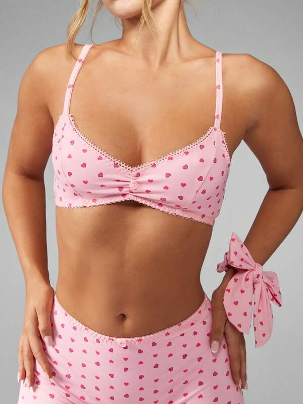 Missguided MISSGUIDED Heart Print Delicate Lace Trim Bow Detail Boy Short Bra And Panty Set