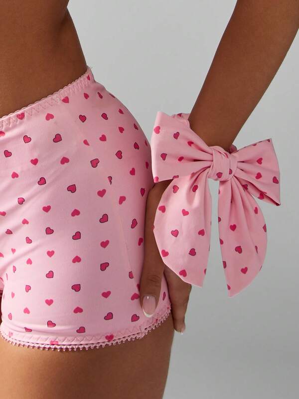 Missguided MISSGUIDED Heart Print Delicate Lace Trim Bow Detail Boy Short Bra And Panty Set