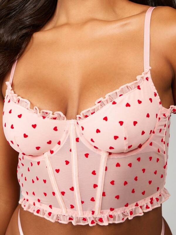 Missguided MISSGUIDED Heart Print Mesh Corset With Ruffle Detail