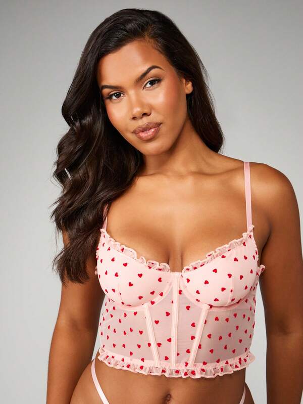 missguided MISSGUIDED Heart Print Mesh Corset With Ruffle Detail