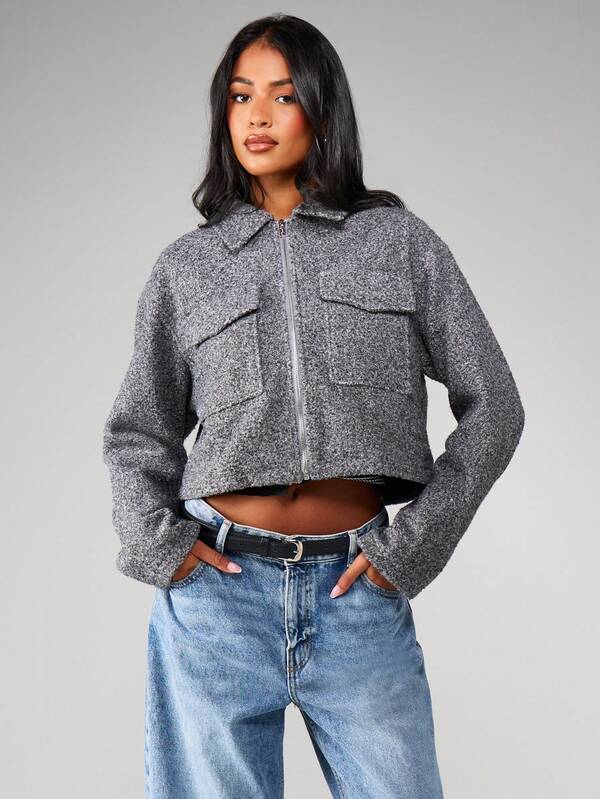 Missguided MISSGUIDED Heathered Cropped Utility Jacket With Zip Closure