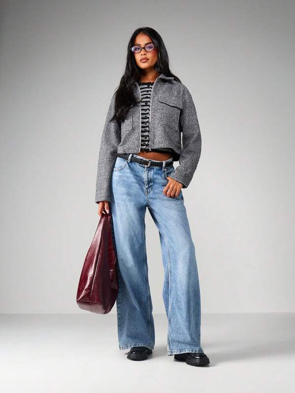 Missguided MISSGUIDED Heathered Cropped Utility Jacket With Zip Closure