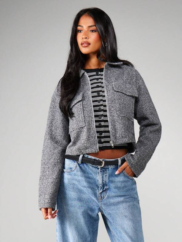 missguided MISSGUIDED Heathered Cropped Utility Jacket With Zip Closure