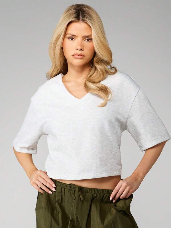 missguided MISSGUIDED Heathered V Neck Crop Top With Short Sleeves