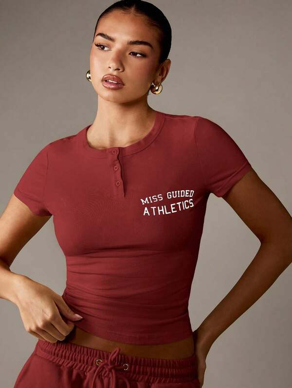 Missguided MISSGUIDED Henley Button Down T-Shirt With Athletic Print