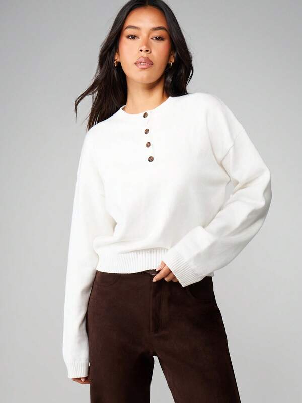 missguided MISSGUIDED Henley Button Front Knit Sweater