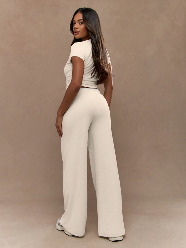 Missguided MISSGUIDED Henley Crop Top With Wide Leg Pants Set