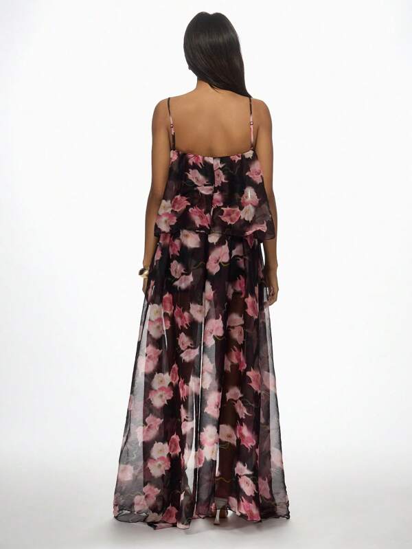 Missguided MISSGUIDED High Low Floral Print Chiffon Volume Strappy Maxi Dress