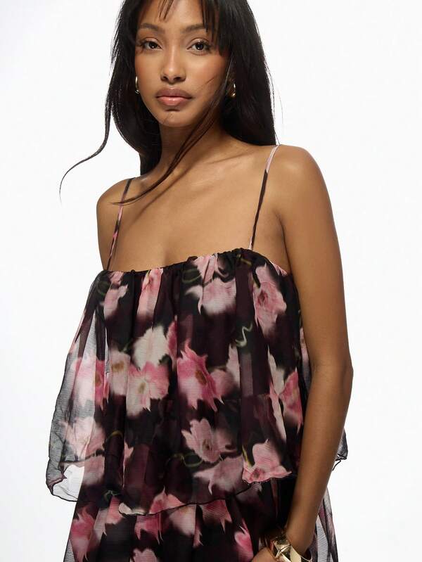 Missguided MISSGUIDED High Low Floral Print Chiffon Volume Strappy Maxi Dress