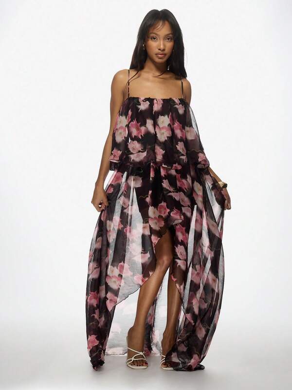 Missguided MISSGUIDED High Low Floral Print Chiffon Volume Strappy Maxi Dress