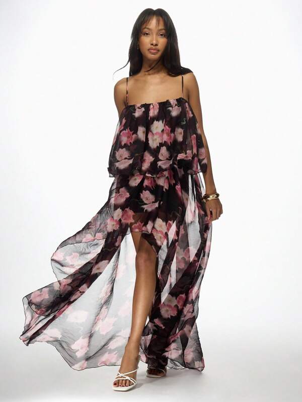 missguided MISSGUIDED High Low Floral Print Chiffon Volume Strappy Maxi Dress