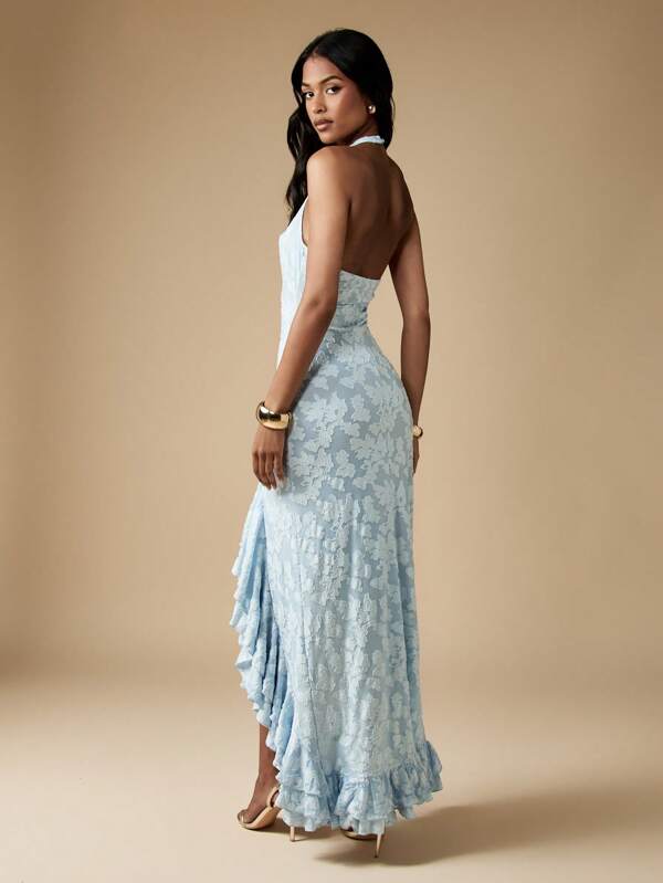 Missguided MISSGUIDED High Low Ruffle Halter Neck Maxi Dress With Keyhole Detail