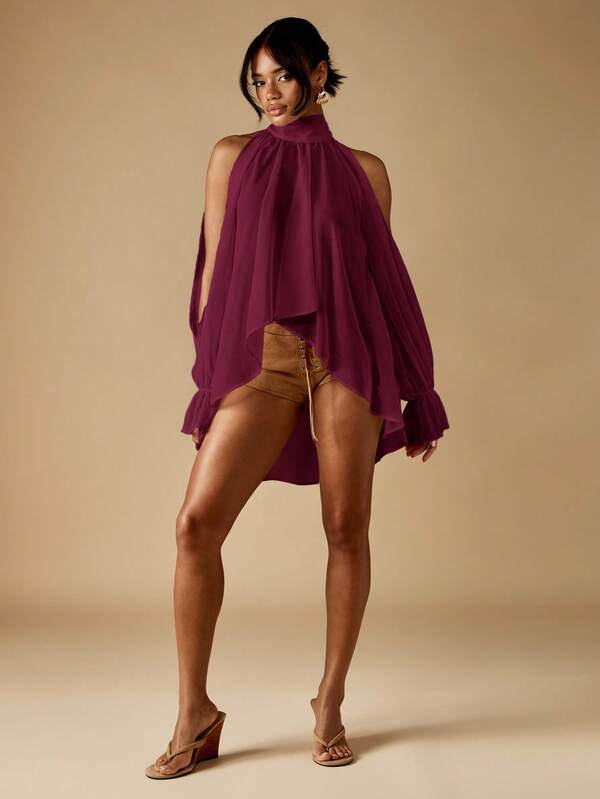 Missguided MISSGUIDED High Neck Cold Shoulder Halter Top With Ruffles