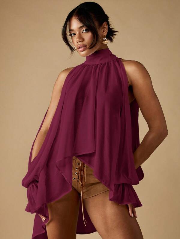 missguided MISSGUIDED High Neck Cold Shoulder Halter Top With Ruffles