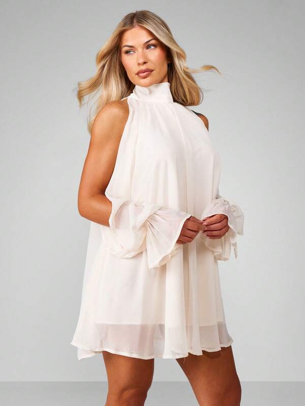 Missguided MISSGUIDED High Neck Cold Shoulder Ruffle Mini Dress