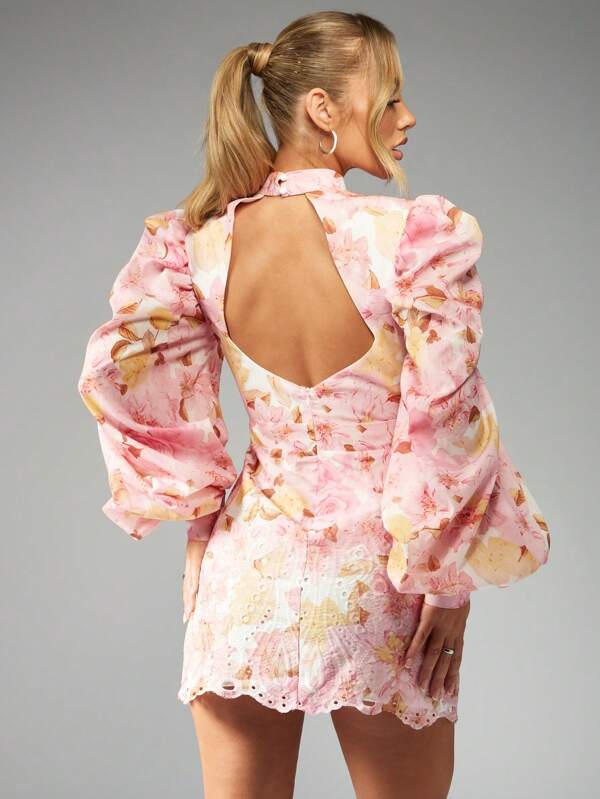 Missguided MISSGUIDED High Neck Floral Mini Dress With Puff Sleeves Cut Out Waist
