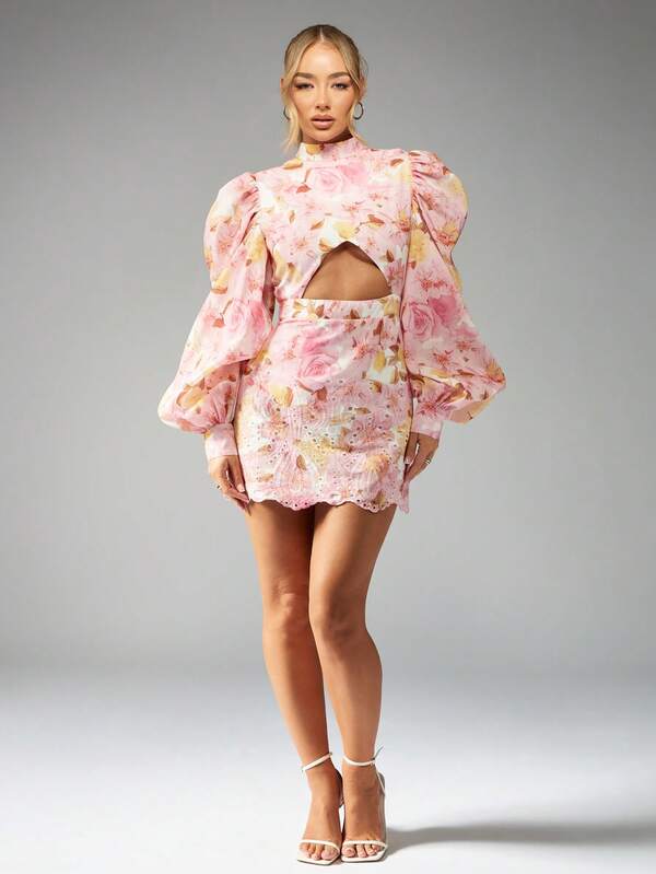 Missguided MISSGUIDED High Neck Floral Mini Dress With Puff Sleeves Cut Out Waist