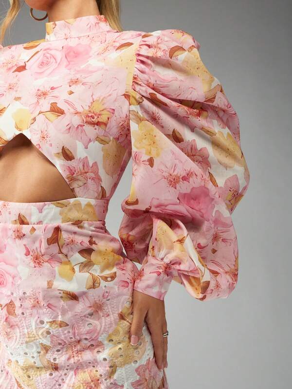 Missguided MISSGUIDED High Neck Floral Mini Dress With Puff Sleeves Cut Out Waist