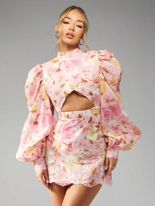 missguided MISSGUIDED High Neck Floral Mini Dress With Puff Sleeves Cut Out Waist