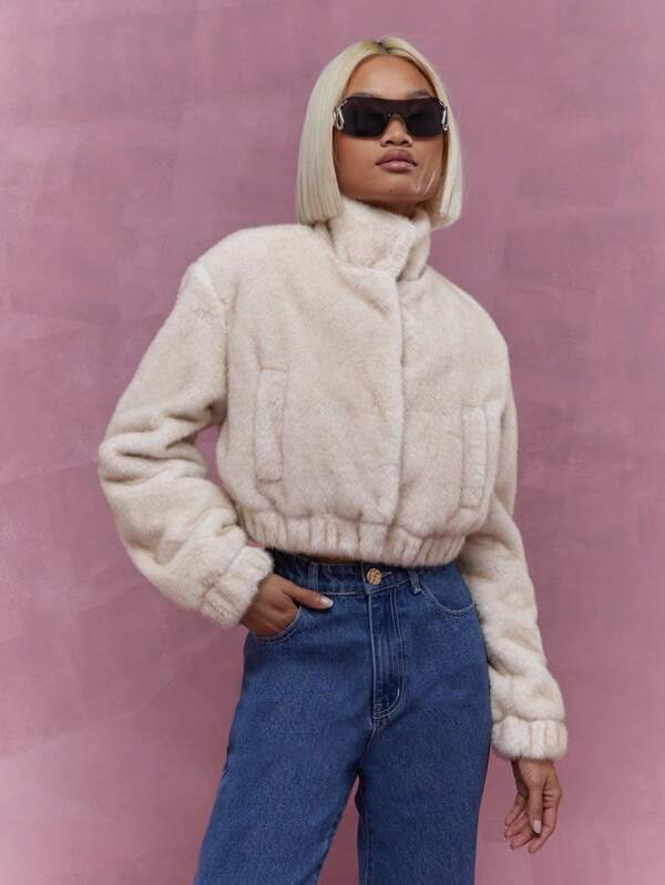 missguided MISSGUIDED High Neck Gathered Waist Long Sleeves Crop Coat Winter Wear