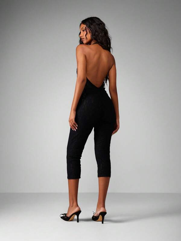 Missguided MISSGUIDED High Neck Lace Cropped Jumpsuit