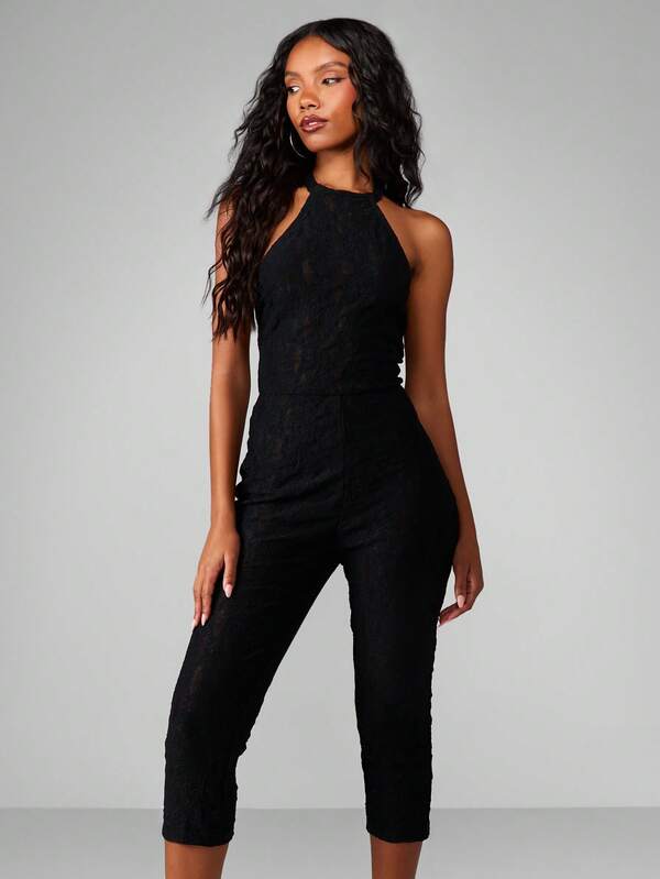 Missguided MISSGUIDED High Neck Lace Cropped Jumpsuit