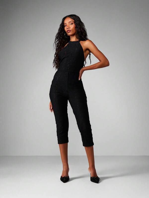 Missguided MISSGUIDED High Neck Lace Cropped Jumpsuit