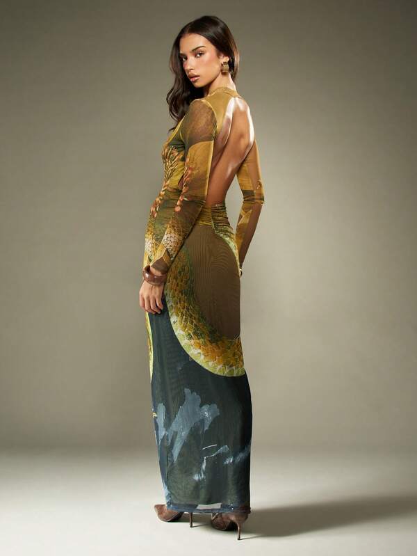 missguided MISSGUIDED High Neck Mesh Snake Print Maxi Dress With Open Back
