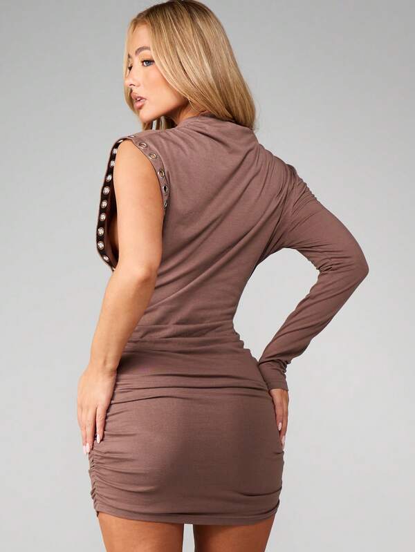 Missguided MISSGUIDED High Neck One Sleeve Bodycon Dress With Eyelet Detail
