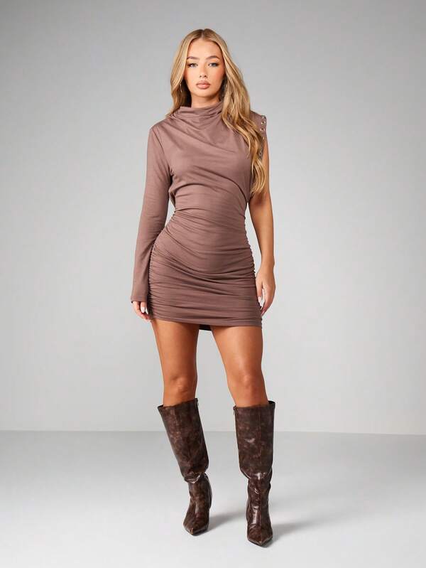 Missguided MISSGUIDED High Neck One Sleeve Bodycon Dress With Eyelet Detail