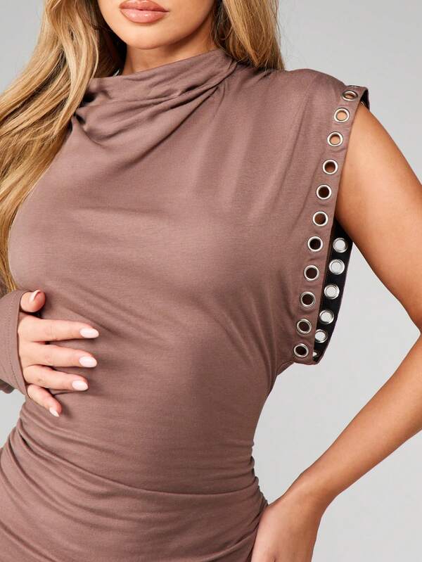 Missguided MISSGUIDED High Neck One Sleeve Bodycon Dress With Eyelet Detail
