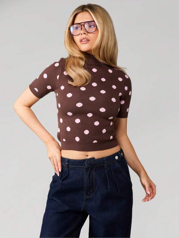 Missguided MISSGUIDED High Neck Polka Dot Knitted Top