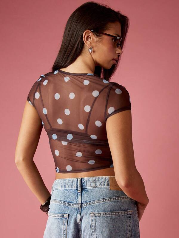 Missguided MISSGUIDED High Neck Polka Dot Mesh Crop Top