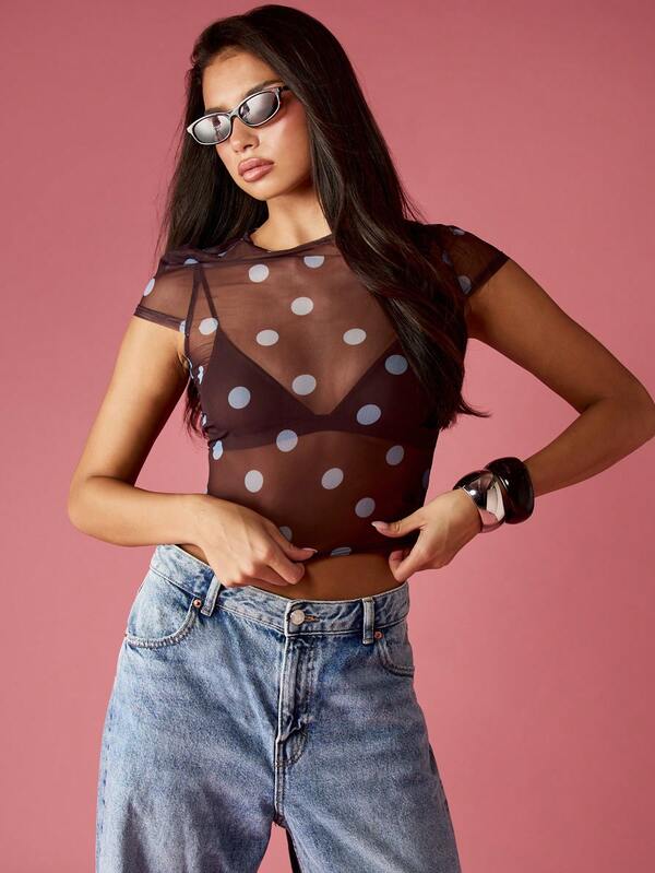 missguided MISSGUIDED High Neck Polka Dot Mesh Crop Top